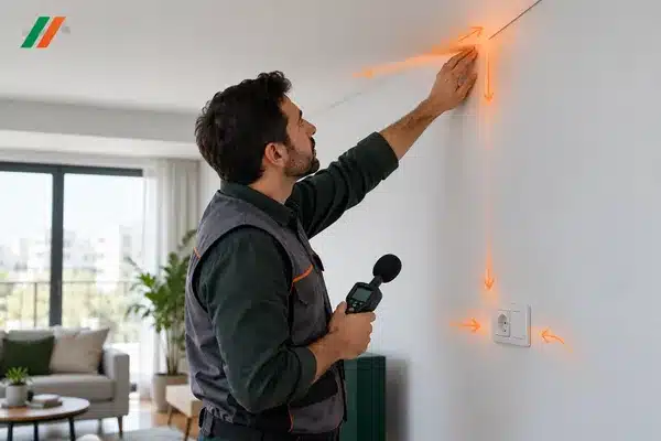 بررسی مسیر انتقال جانبی صدا در اتصال دیوار و سقف